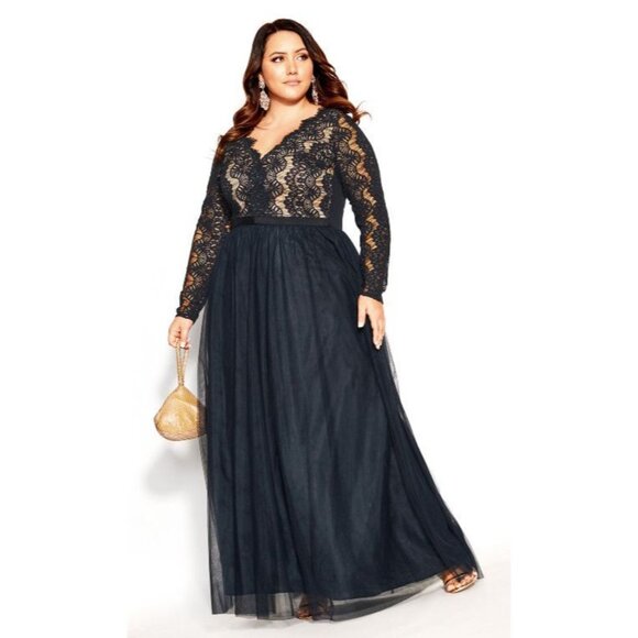 City Chic Womens Sz 12 Dark Navy Lace Tulle Evening Cocktail Maxi Dress NWT - Picture 3 of 14